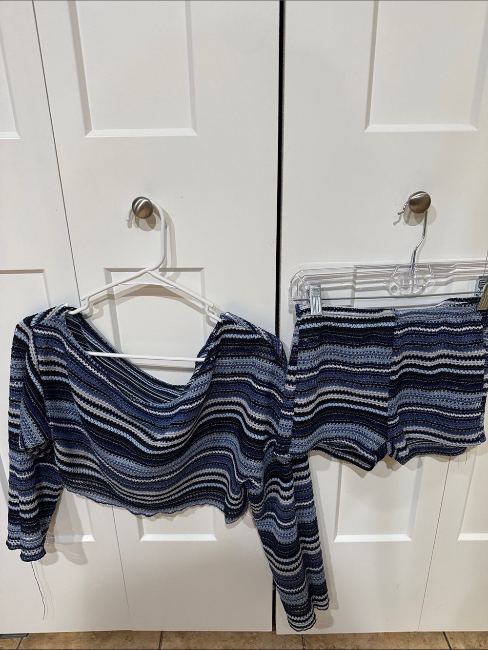 Striped Navy Blue Cropped crochet Knit crochet Top - Women's